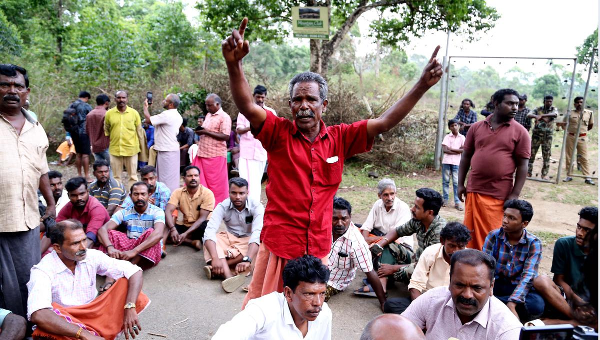 Local natives from Sinkukandam protesting in front of the kumki camp at Cement Palam, near Chinnakkanal, on Wednesday.