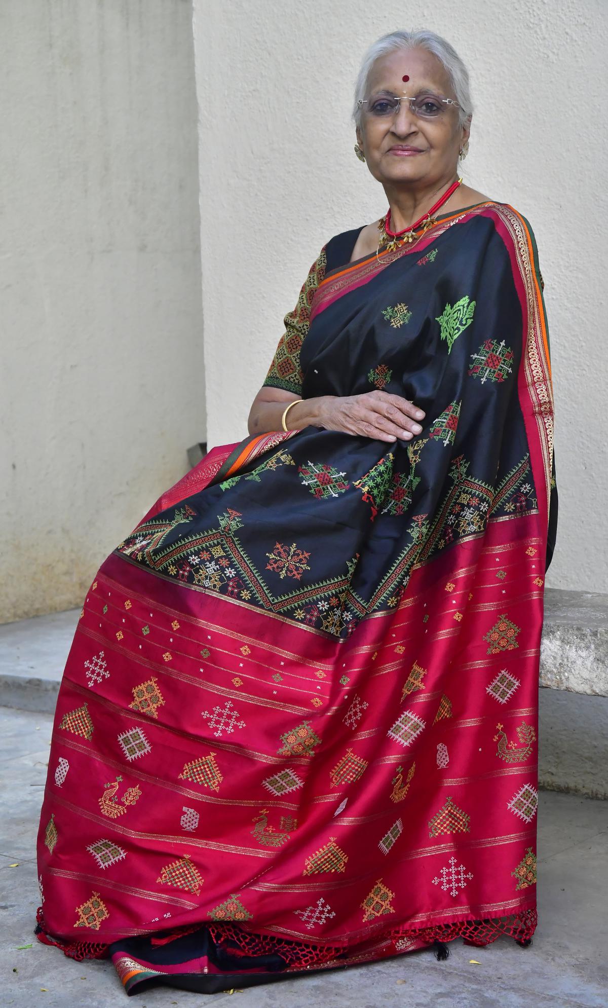 Usha Pawar poses in a sari with Kasuti work