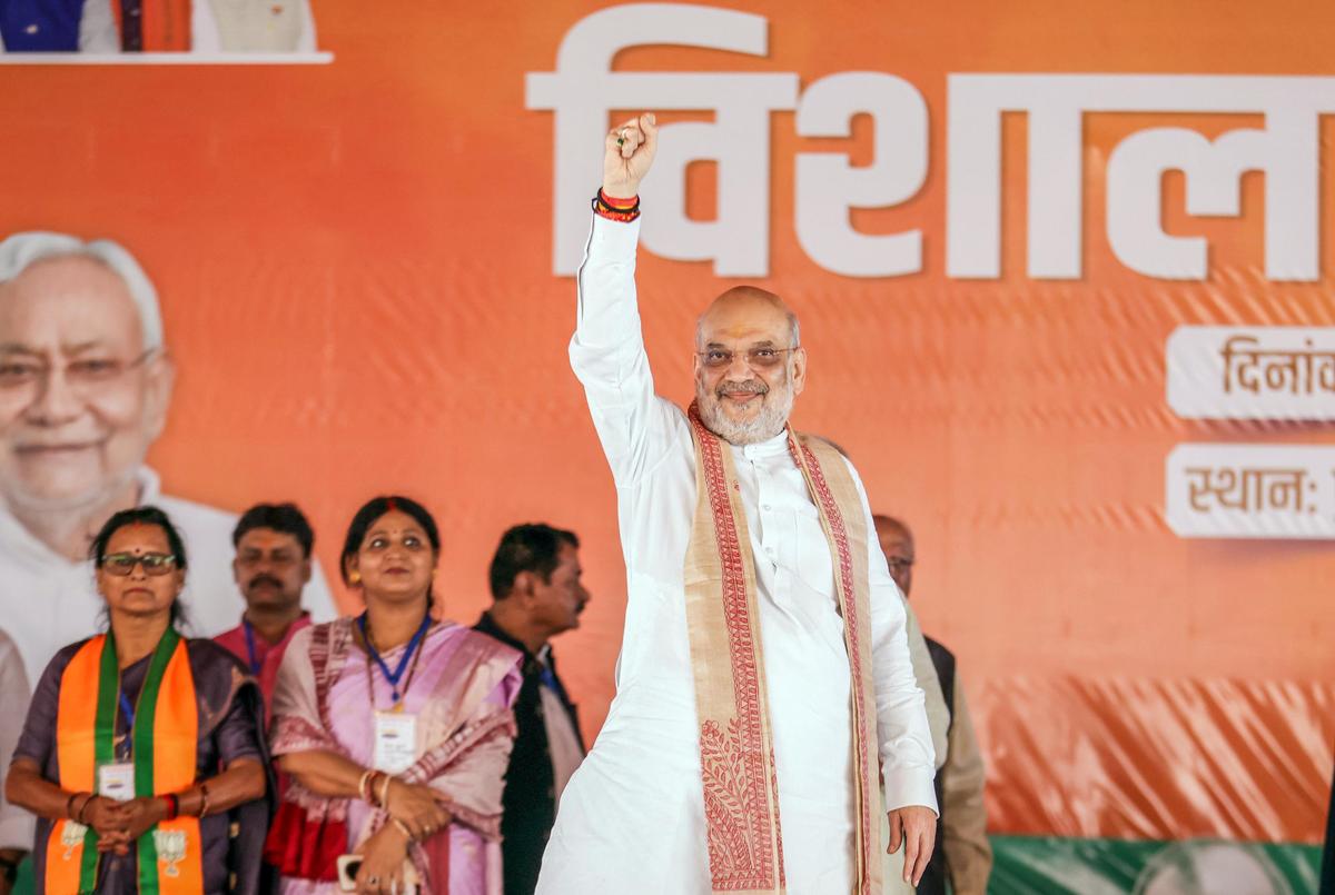 Union Home Minister Amit Shah during the rally organised for the Bihar Assembly election, in Madhubani on Monday. Union Home Minister Amit Shah during the rally organised for the Bihar Assembly election, in Madhubani on Monday.