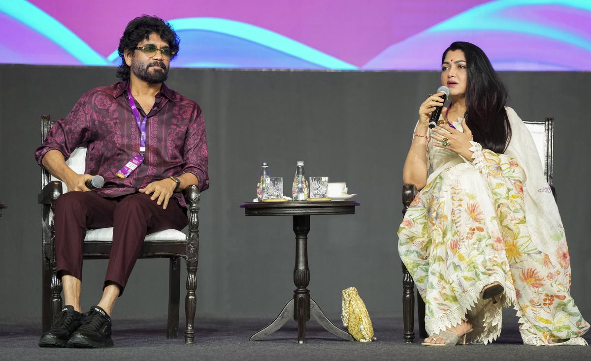 Actors Nagarjuna, left, and Kushboo Sundar during a session ‘Pan-Indian Cinema: Myth or Momentum?’ at the World Audio Visual and Entertainment Summit (WAVES) 2025, in Mumbai, Friday, May 2, 2025. Actors Nagarjuna, left, and Kushboo Sundar during a session ‘Pan-Indian Cinema: Myth or Momentum?’ at the World Audio Visual and Entertainment Summit (WAVES) 2025, in Mumbai, Friday, May 2, 2025.