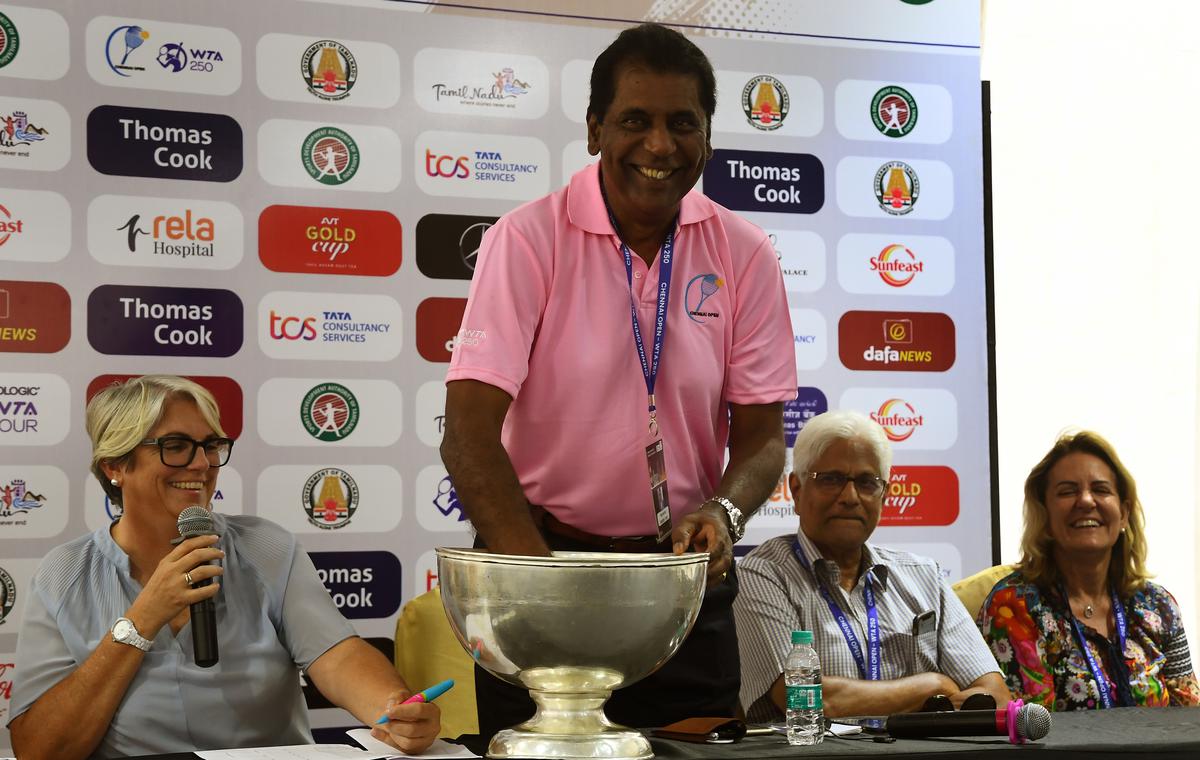 TNTA president Vijay Amritraj conducting the main draw player ceremony for singles at the WTA Chennai Open at SDAT Tennis Stadium in Nungambakkam