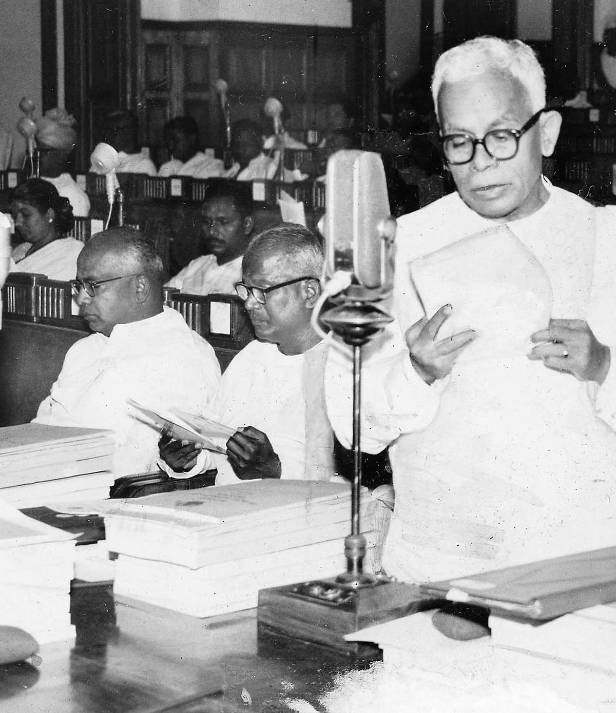 Then Chief Minister of Madras, Mr. M. Bhaktavatsalam,in the Madras Assembly on March 1, 1965.