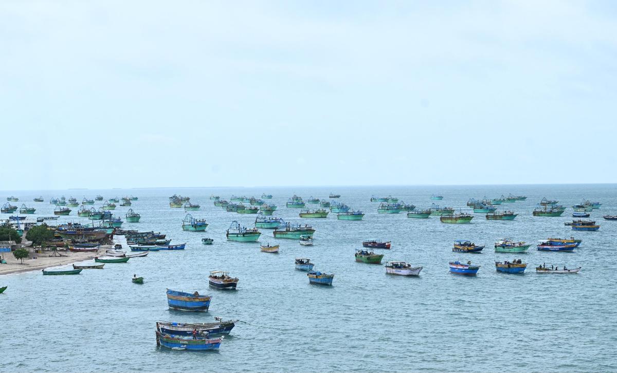 Boats Anchored in Pamban on Tuesday. 