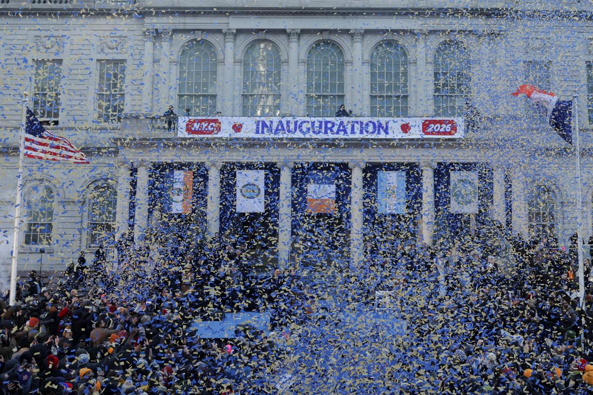 Confetti falls during New York City Mayor Zohran Mamdani's inauguration ceremony in New York City, U.S., on January 1, 2026. 
