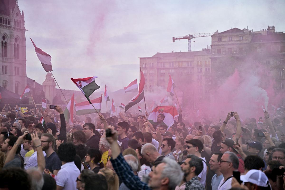 People attend an anti-government protest led by Péter Magyar, a lawyer and businessman formerly close to Hungary’s ruling nationalist government, in Budapest, Hungary, April 6, 2024. 