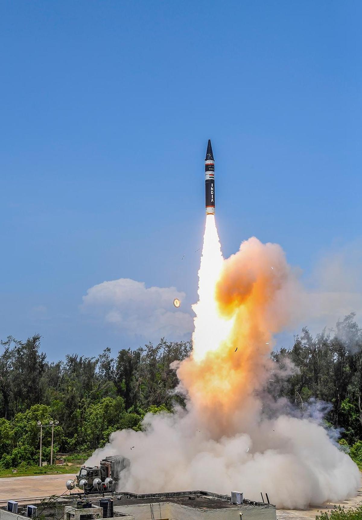 Picture from a 2021 flight test of a nuclear capable ballistic missile Agni-P. India is now one of nine countries to possess nuclear weapons.
