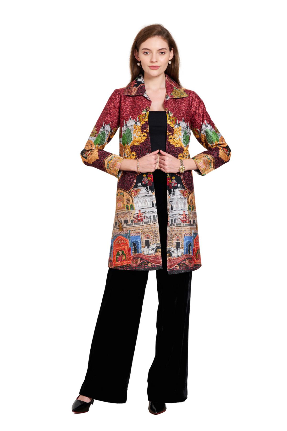 Kalamkari-embroidered silk long coat from Taroob