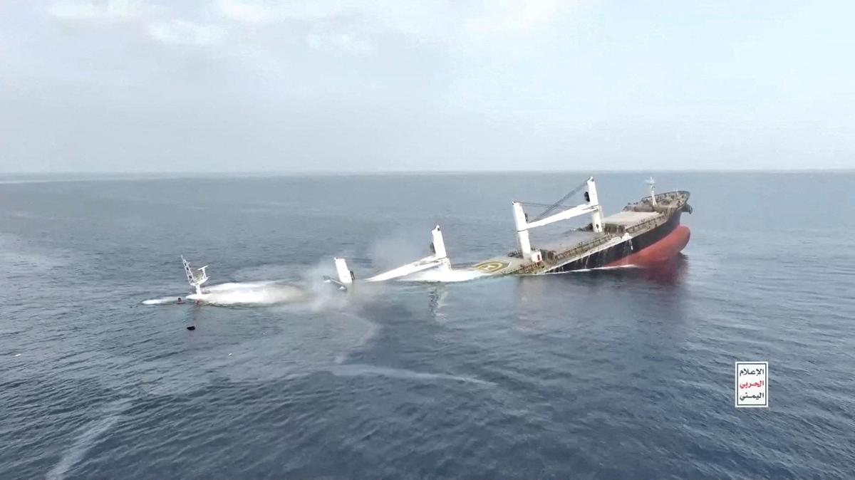 REGIONAL PLAYER: A vessel said to be Greek-operated, Liberia-flagged Eternity C sinks in a footage released by Yemen’s Houthis, in the Red Sea, in this screen grab taken from a handout video released on July 9, 2025. The Houthis have emerged as a consequential actor in the context of the Israel–Hamas conflict, launching attacks against Israel and disrupting maritime traffic in the Red Sea.