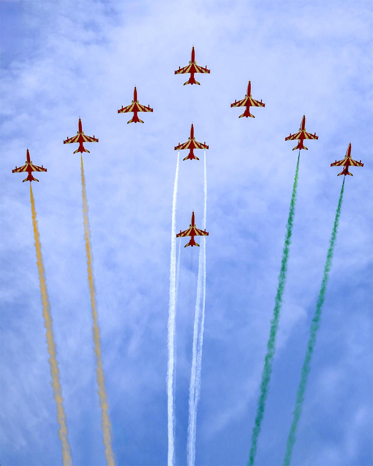 The Indian Air Force’s Surya Kiran Aerobatic Team performs manoeuvres during a full-dress rehearsal ahead of the team's 30th anniversary commemoration, in Bengaluru. The Indian Air Force’s Surya Kiran Aerobatic Team performs manoeuvres during a full-dress rehearsal ahead of the team's 30th anniversary commemoration, in Bengaluru.