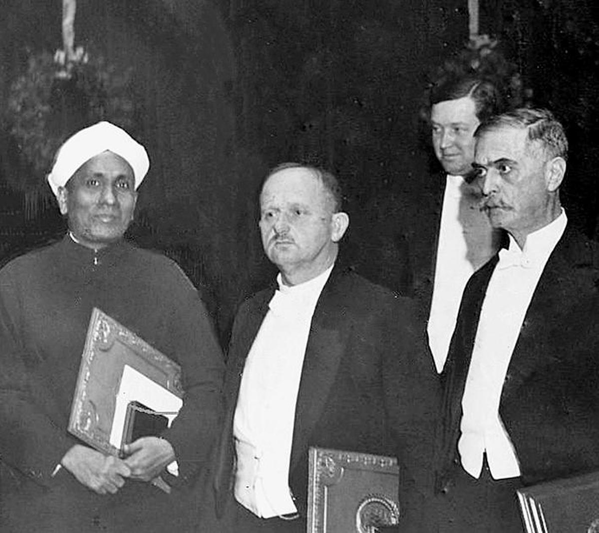 C.V. Raman and other Nobel laureates from the 1930 Nobel Prize award ceremony in Stockholm, Sweden. C.V. Raman and other Nobel laureates from the 1930 Nobel Prize award ceremony in Stockholm, Sweden.