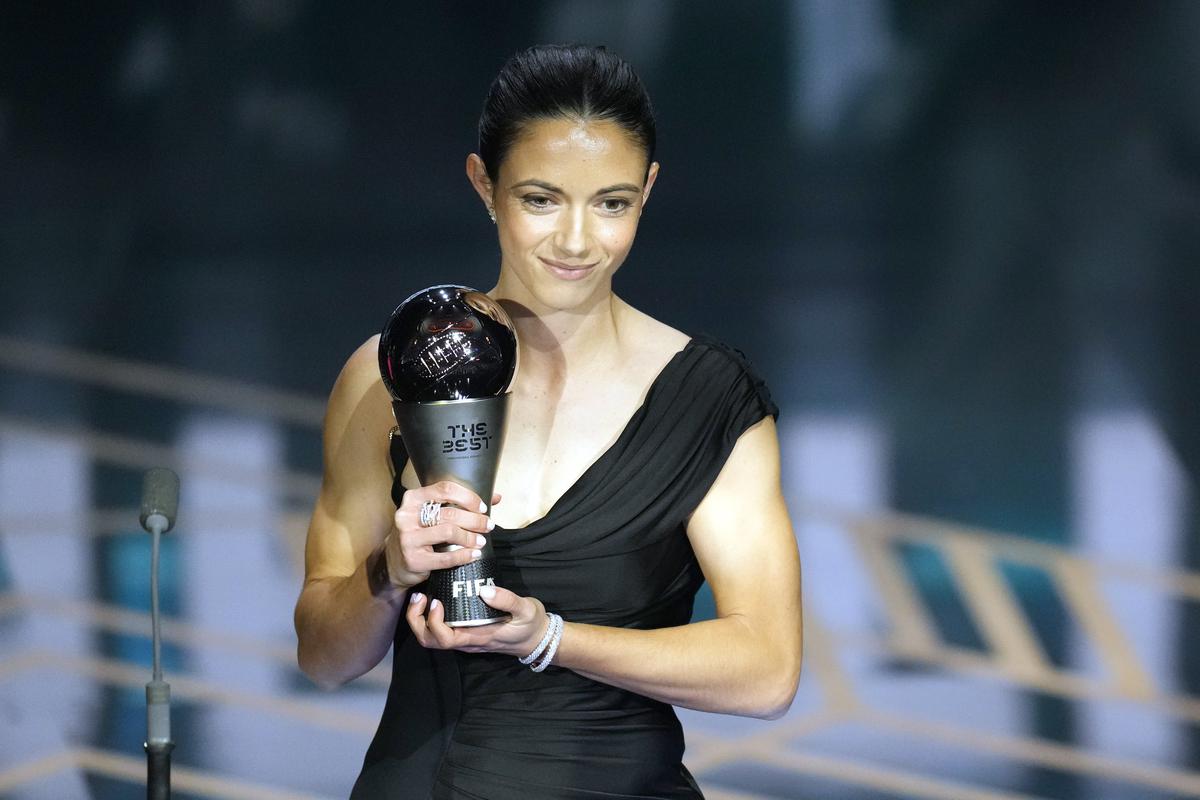 Barcelona’s and Spain’s Aitana Bonmati accepts the Best Women’s Player award during the FIFA Football Awards 2023 at the Eventim Apollo in Hammersmith, London, on January 15, 2024.
