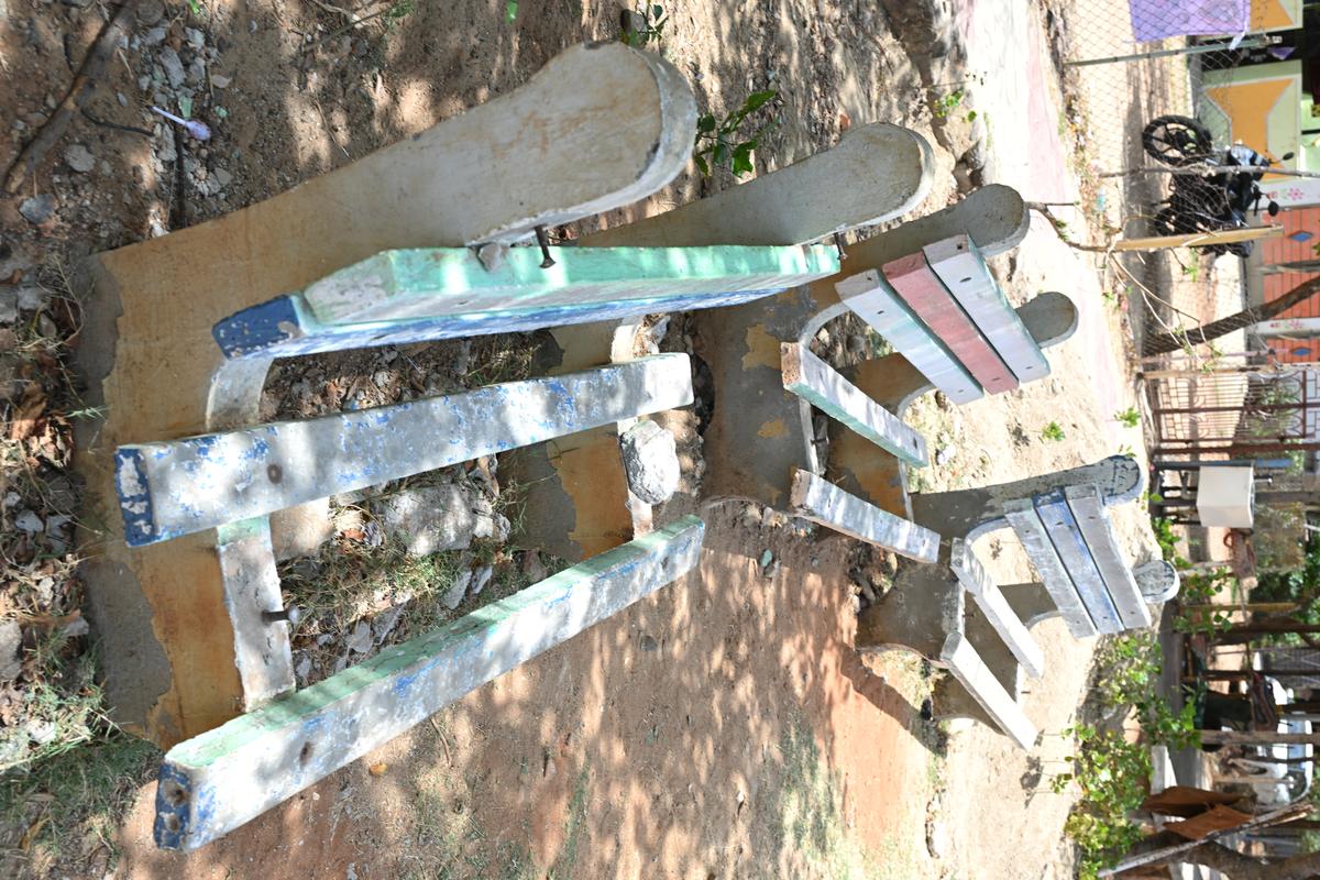 The benches are badly damaged at P&T colony in Thoothukudi on Wednesday.  