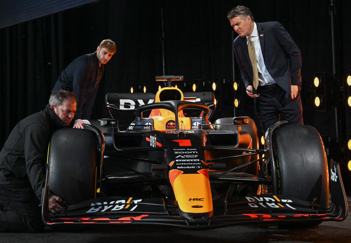 Red Bull Racing unveils the team’s new Formula One car during a launch event in New York City on February 3, 2023. 