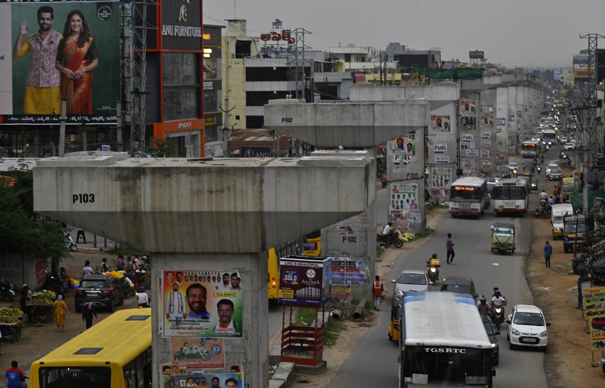 Construction work underway at Narapally-Uppal flyover on the Warangal in Hyderabad.