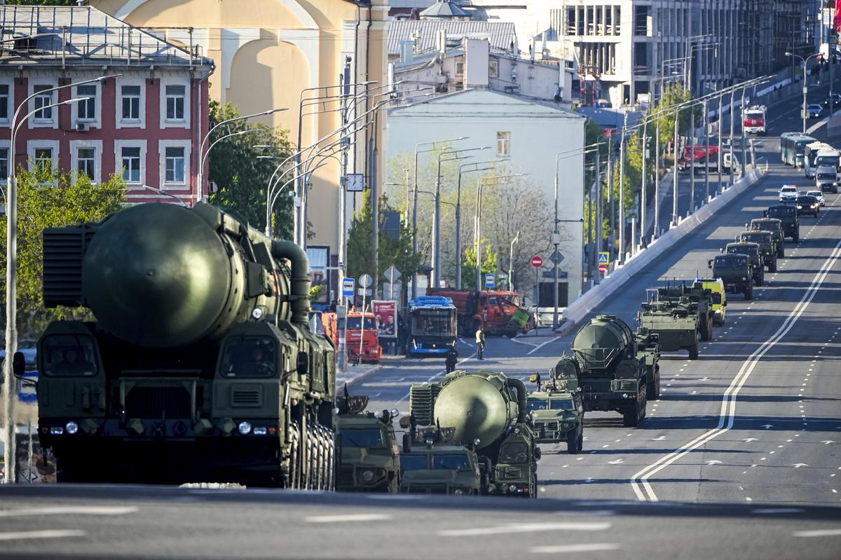 Russian RS-24 Yars ballistic missiles move towards Red Square to take part in a dress rehearsal for the Victory Day military parade on May 7, 2023 in Moscow.