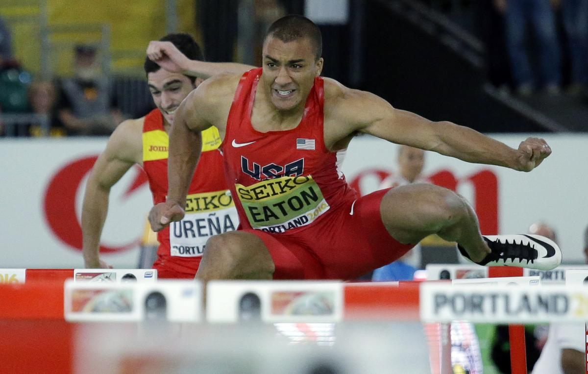 USA’s Ashton Eaton competes in a heat of the men’s 60m hurdles of the heptathlon during the World Indoor Athletics Championships, Saturday, March 19, 2016, in Portland, USA.