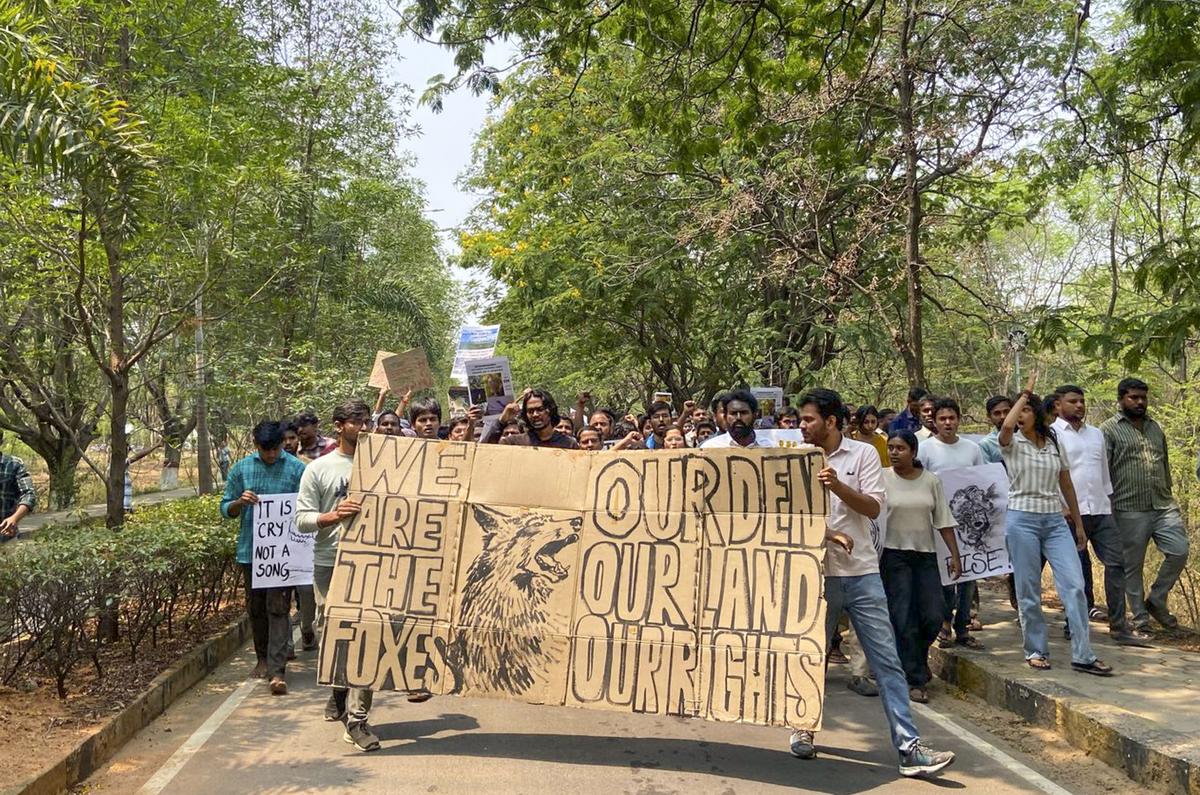 Students of the University of Hyderabad stage a protest demanding the removal of police personnel and earth-moving machinery from the campus, in Hyderabad, Tuesday, April 1, 2025. Students of the University of Hyderabad stage a protest demanding the removal of police personnel and earth-moving machinery from the campus, in Hyderabad, Tuesday, April 1, 2025.
