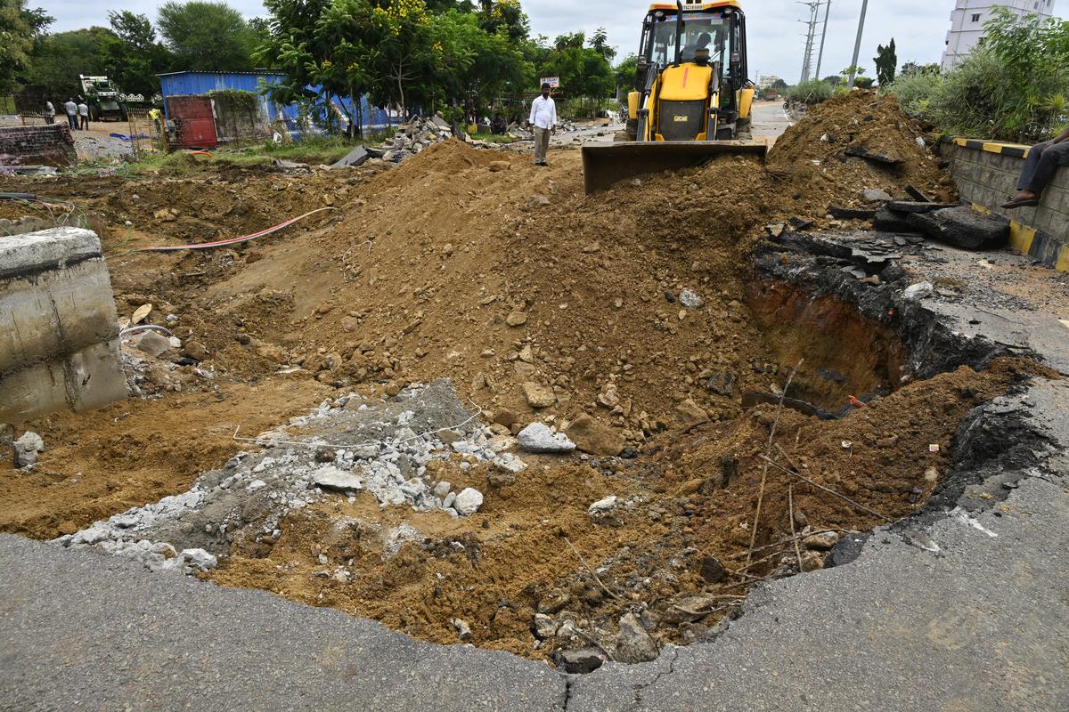 Repairs being undertaken on the bypass road near GR Colony in Kamareddy after a portion of it was washed away in the downpour. Repairs being undertaken on the bypass road near GR Colony in Kamareddy after a portion of it was washed away in the downpour.