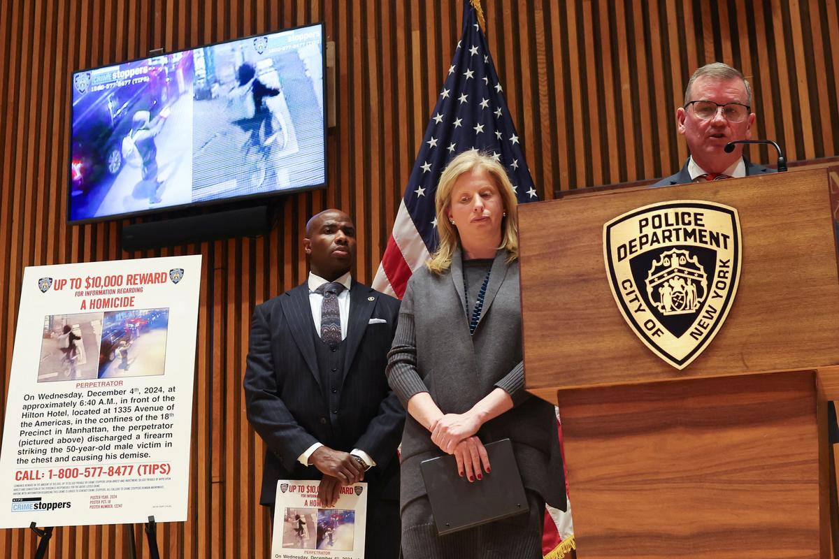 Chief of Detectives Joseph Kenny speaks next to New York City Police Commissioner Jessica Tisch during NYPD press conference after the CEO of UnitedHealthcare Brian Thompson was reportedly shot and killed in Midtown Manhattan, in New York City, US, December 4, 2024. 