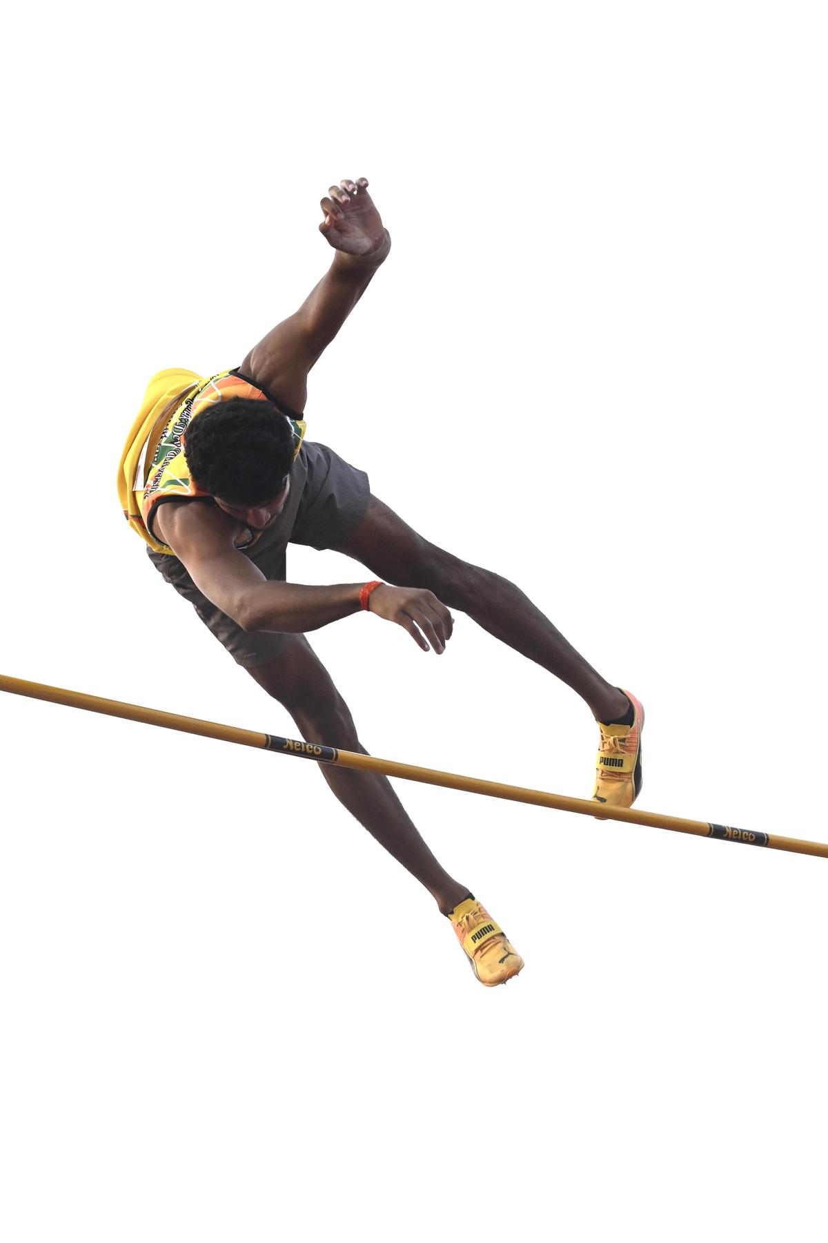 Dev Meena wins the men's pole vault in the Indian open jumps competition in Bengaluru on Saturday, 14 March, 2026.