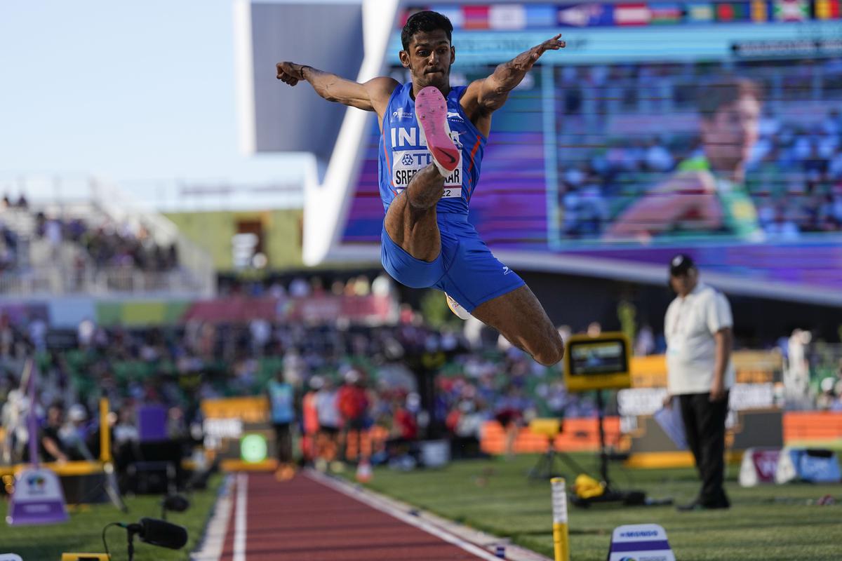 M. Sreeshankar during the qualifying round for the men’s long jump, at the World Athletics Championships on July 15, 2022, in Eugene, Oregon. 