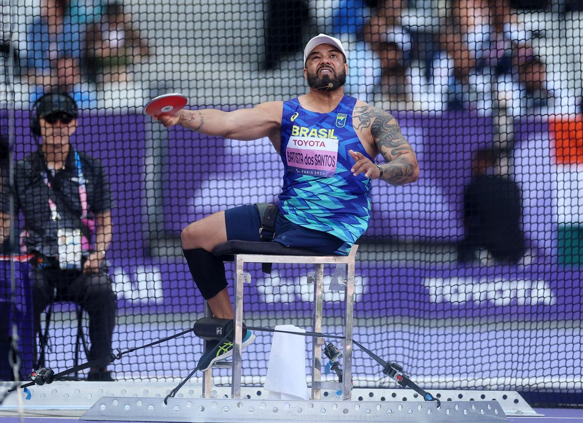 Brazil’s Claudiney Batista dos Santos of Team Brazil competes during the men’s Discus Throw F56 Final on day five of the Paris 2024 Summer Paralympic Games in Paris on September 2, 2024.