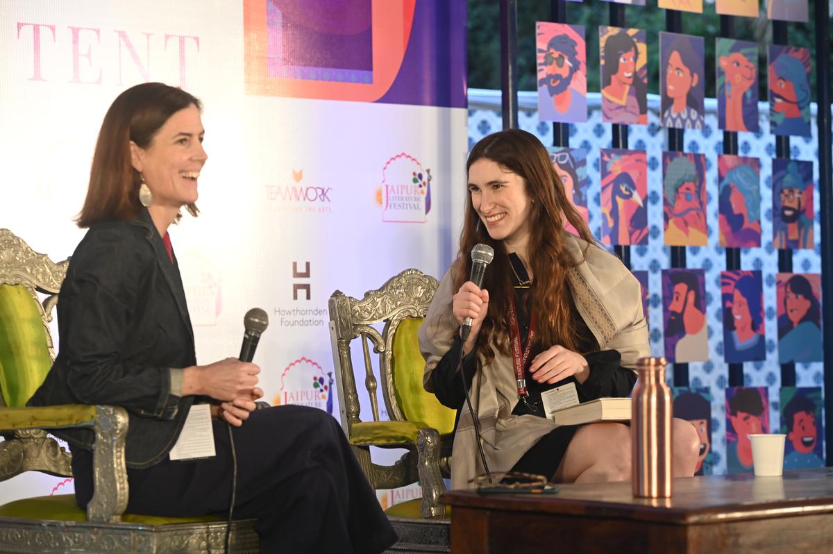 Katherine Rundell (right) in conversation with author Anna Keay at the Jaipur Literature Festival 2023.