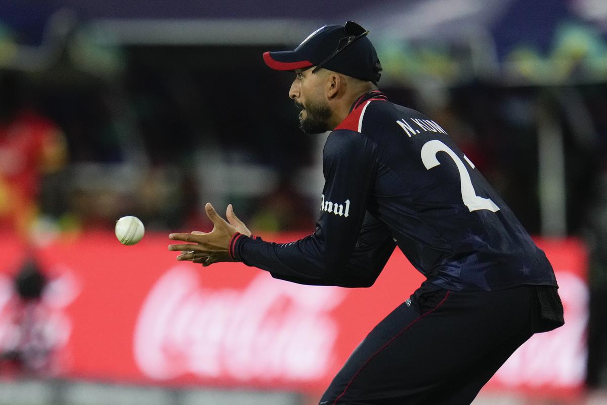 Nitish Kumar of the United States hits the ball during the men's T20 World Cup cricket match between the United States and Canada at Grand Prairie Stadium, in Grand Prairie, Texas, Saturday, June 1, 2024. (AP Photo/Julio Cortez)