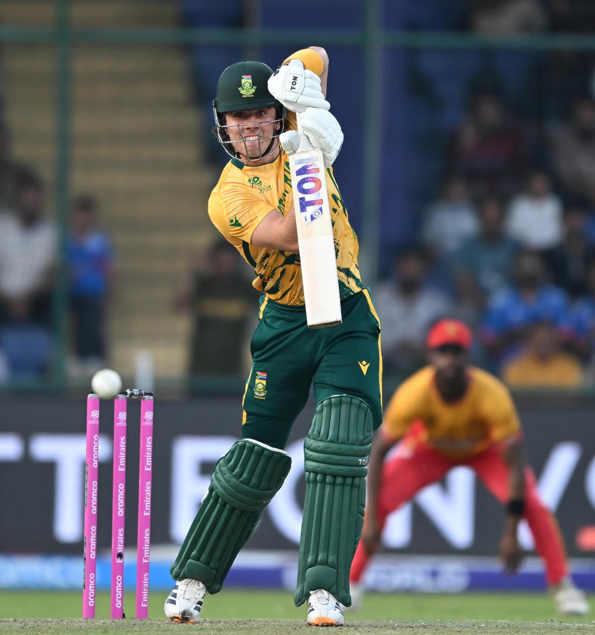 South African batsman Dewald Brevis plays a shot during the T20 World Cup match at the Arun Jaitley cricket stadium in New Delhi on March 01, 2026. South African batsman Dewald Brevis plays a shot during the T20 World Cup match at the Arun Jaitley cricket stadium in New Delhi on March 01, 2026.