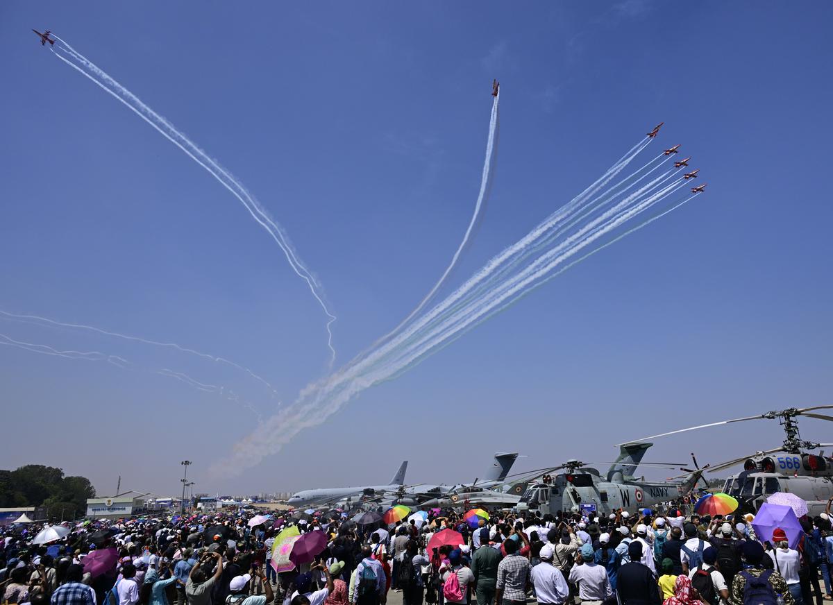 IAF’s Surya Kiran Aerobatic Team (SKAT) performing at Aero India 2025 at IAF Yelahanka Air Force Station in Bengaluru on February 13, 2025.