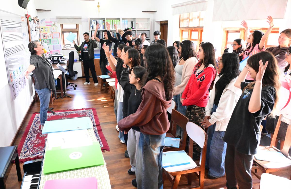 Students at the music class at Kodaikanal International School on Thursday.