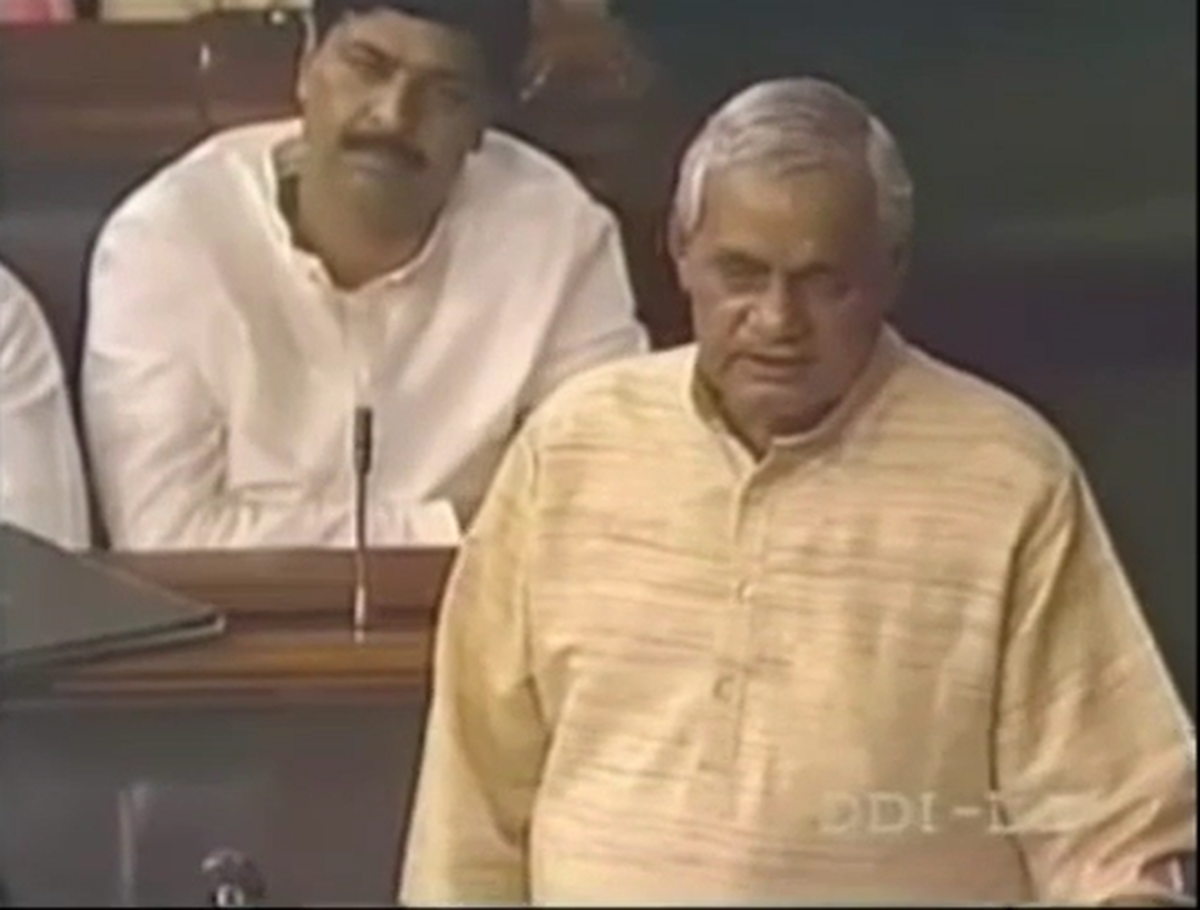 Prime Minister Atal Bihari Vajpayee delivering a speech during the no-confidence motion in 1996