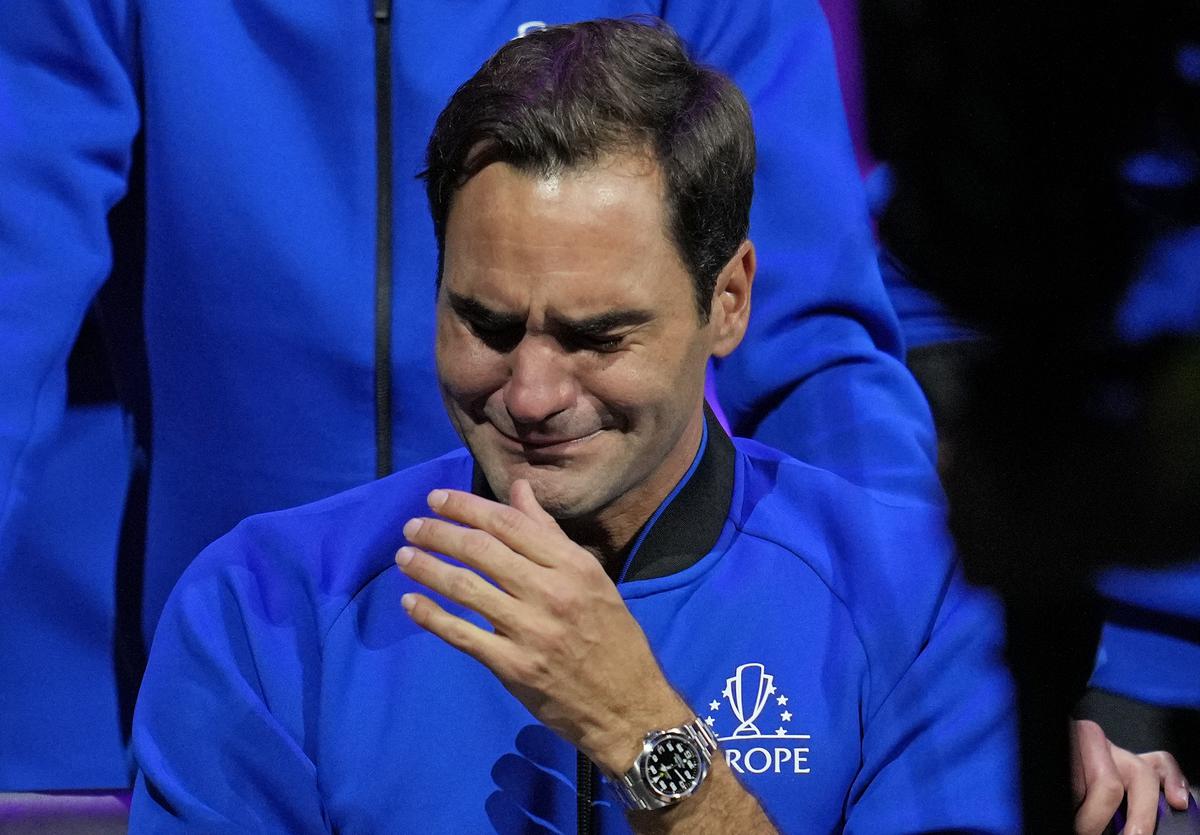 An emotional Roger Federer is seen after the Laver Cup alongside Rafael Nadal. 