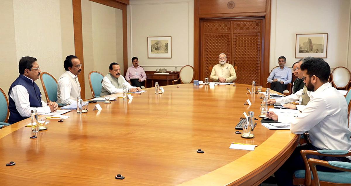 Prime Minister Narendra Modi chairs a high-level meeting to assess the progress of the Gaganyaan Mission and to outline the future of India’s space exploration endeavours, in New Delhi on October 17, 2023. Indian Space Research Organisation (ISRO) Chairman S. Somanath (2nd from left) was among those present. Prime Minister Narendra Modi chairs a high-level meeting to assess the progress of the Gaganyaan Mission and to outline the future of India’s space exploration endeavours, in New Delhi on October 17, 2023. Indian Space Research Organisation (ISRO) Chairman S. Somanath (2nd from left) was among those present.
