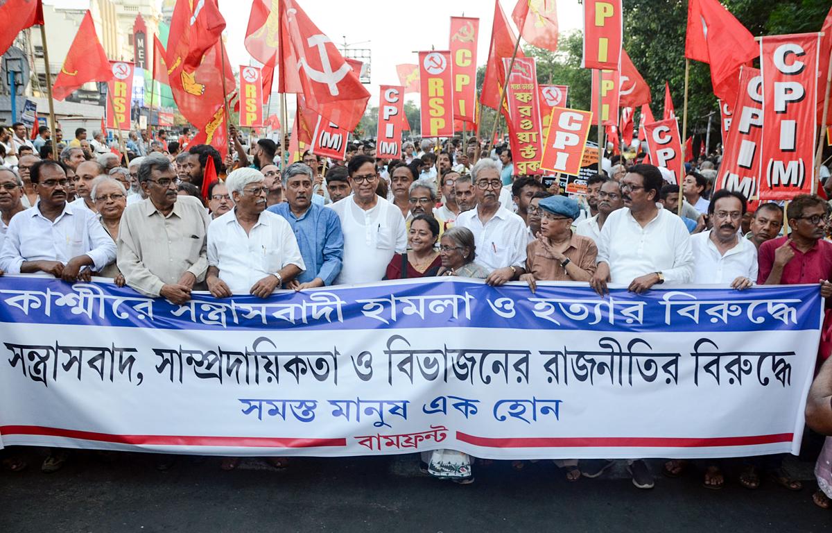 Left Front leaders take part in a protest rally against the Pahalgam Terror Attack, in Kolkata on Friday, April 25, 2025. Left Front leaders take part in a protest rally against the Pahalgam Terror Attack, in Kolkata on Friday, April 25, 2025.