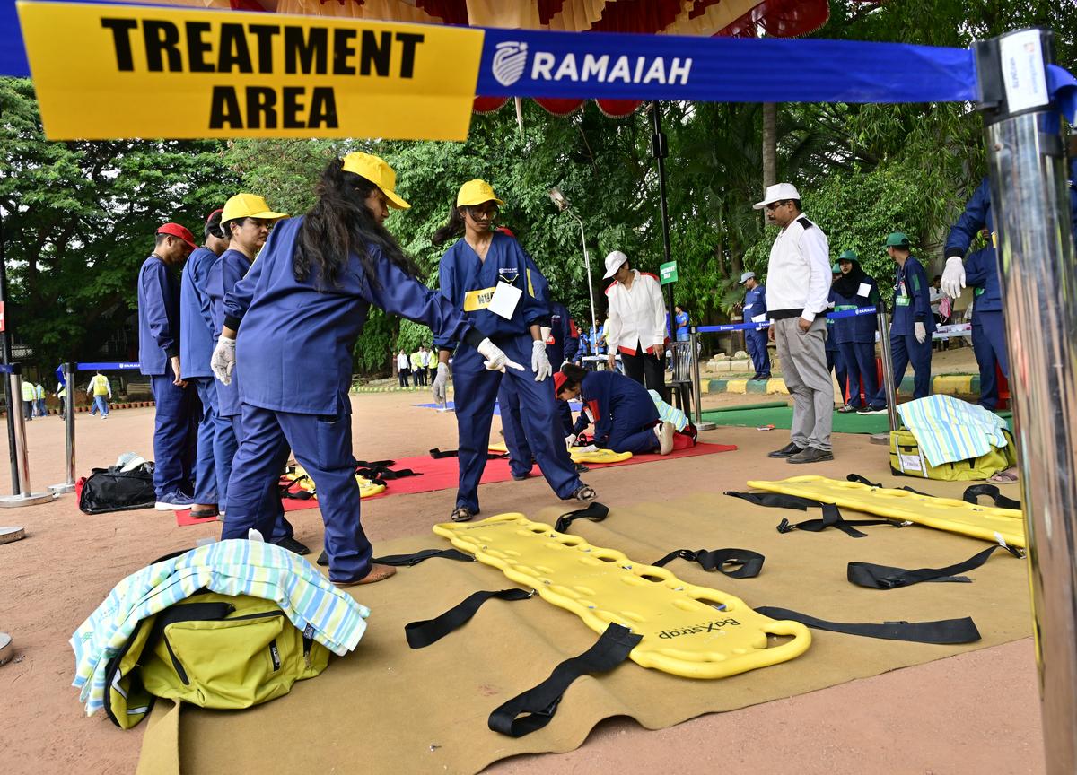 Civil defence personnel participating in ‘Operation Abhyaas’ at Ulsoor in Bengaluru on Wednesday.
