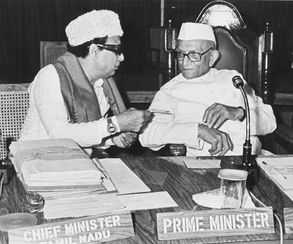 Then Prime Minister Morarji Desai and Chief Minister of Tamil Nadu, M.G. Ramachandran at Madras on September 25, 1978
