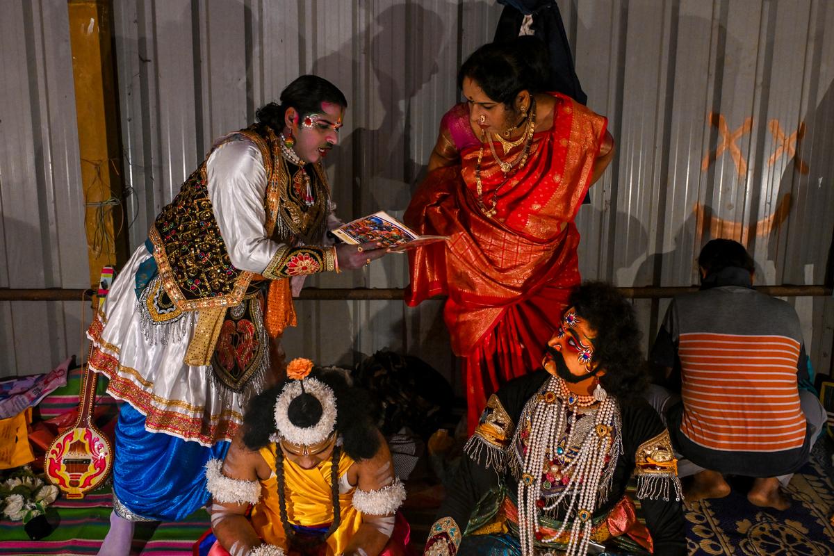 Omprakash Chavan who plays women characters getting ready for a performance.