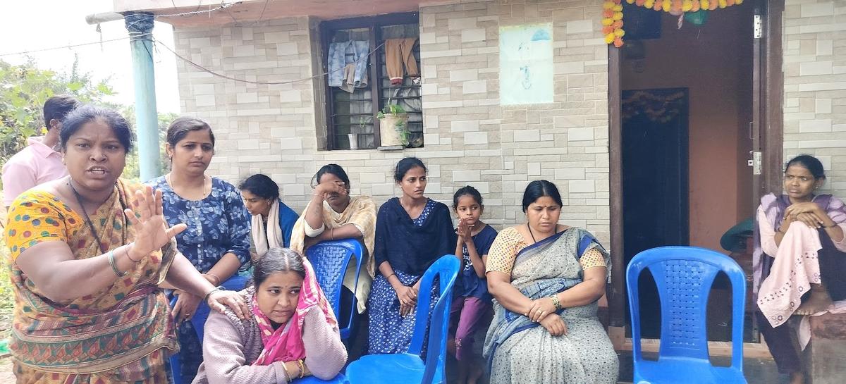 Family members and relatives of Geetha, 55, who died after being physically assaulted in the guise of driving away evil forces, at Jambaraghatta near Holehonnur in Bhadravathi taluk of Shivamogga, on July 8, 2025.