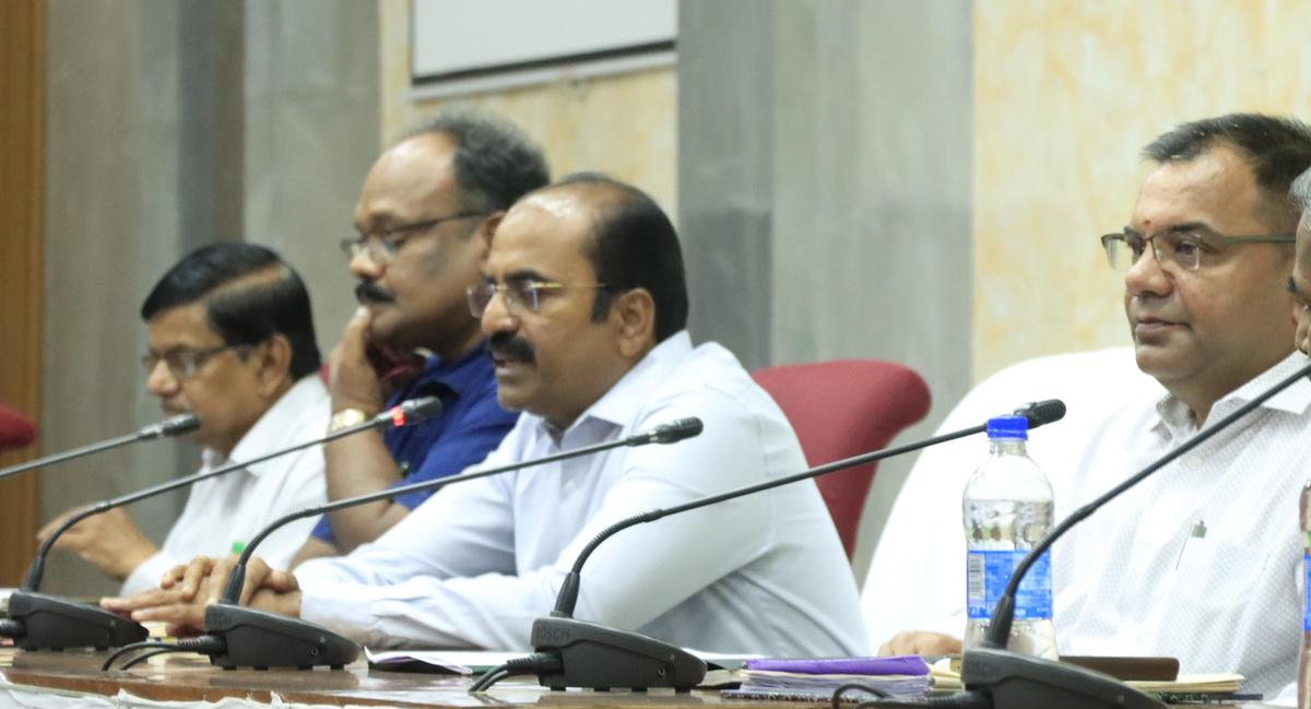 Tirunelveli District Collector R. Sukumar addressing at the farmers’ grievance day meeting held in Tirunelveli on Friday. 