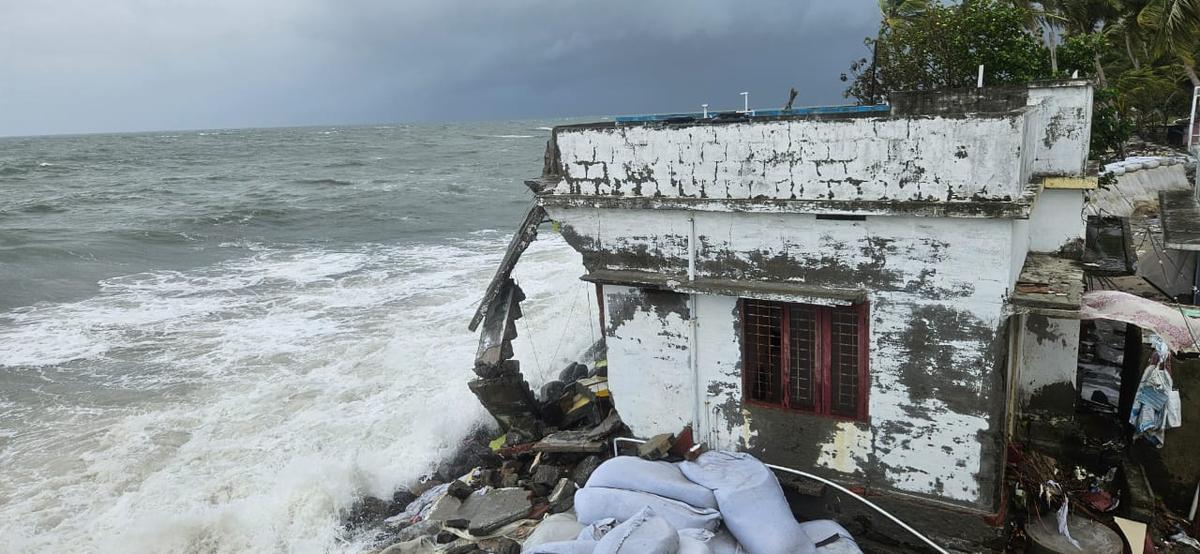 A house damaged by sea erosion at Chellanam on Wednesday. A house damaged by sea erosion at Chellanam on Wednesday.