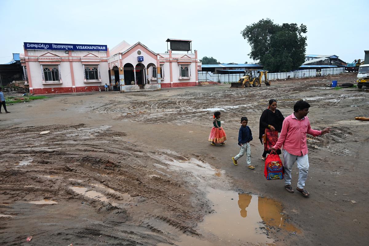 Visakhapatnam Railway Station redevelopment work in progress outside the Gnanpuram entry.
