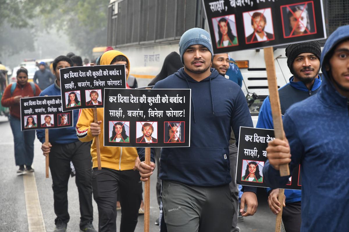 Junior wrestlers protest against Bajrang Punia, Sakshi Malik and Vinesh Phogat as their national championship has been withheld at Jantar Mantar in New Delhi on January 3, 2024.