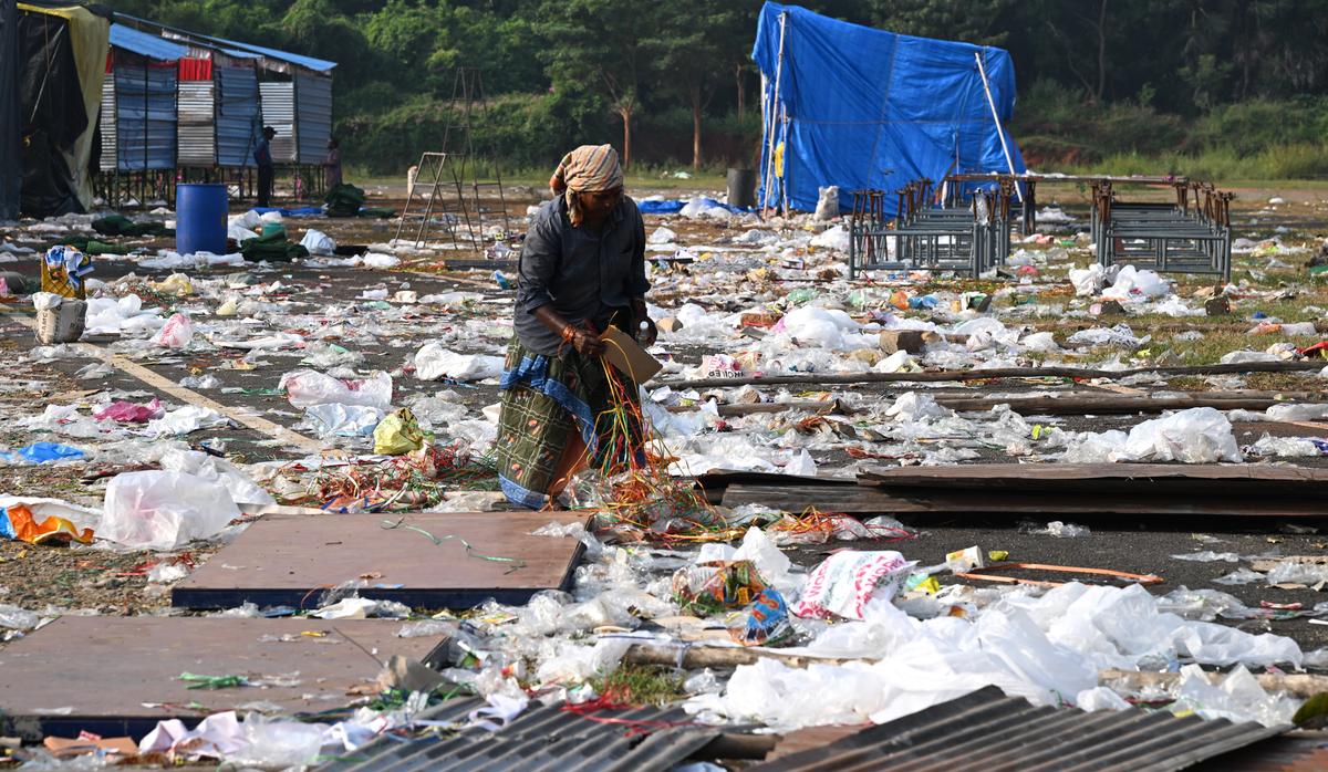 Mounds of plastic strewn across the AUCE Grounds, where firecracker stalls were set up for Deepavali, in Visakhapatnam on Friday.