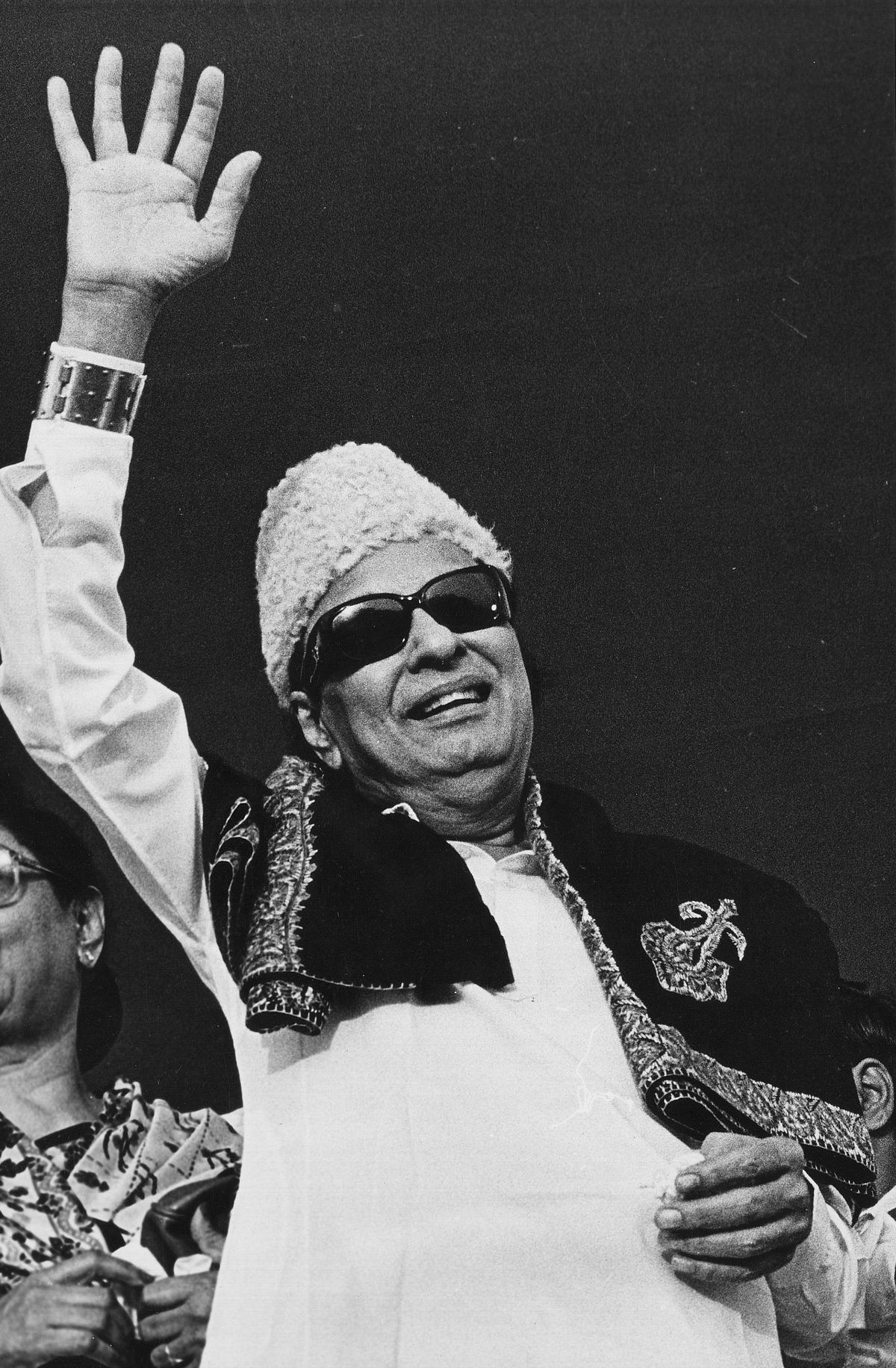 M.G. Ramachandran waving to the crowd in Madras.