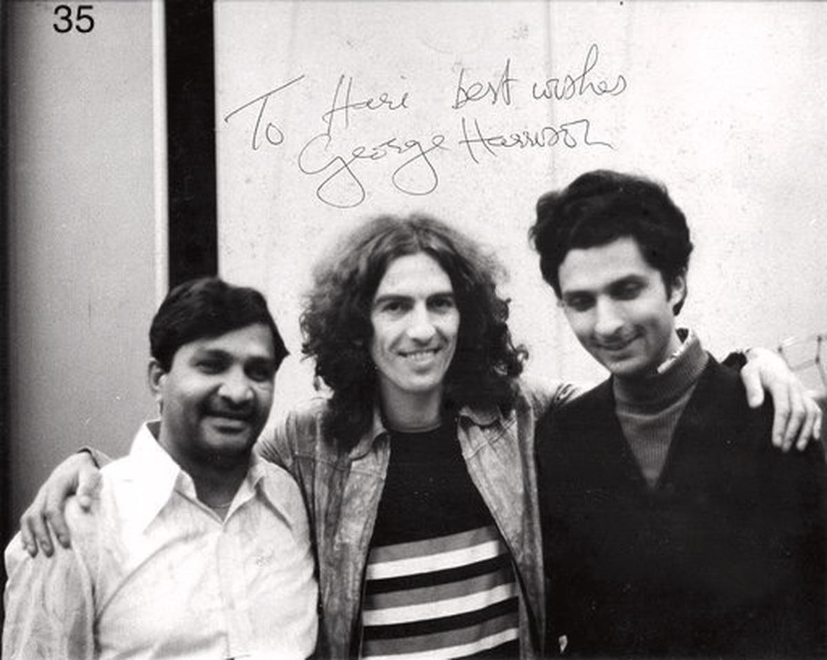 Hariprasad Chaurasia and Shivkumar Sharma with George Harrison of the Beatles 