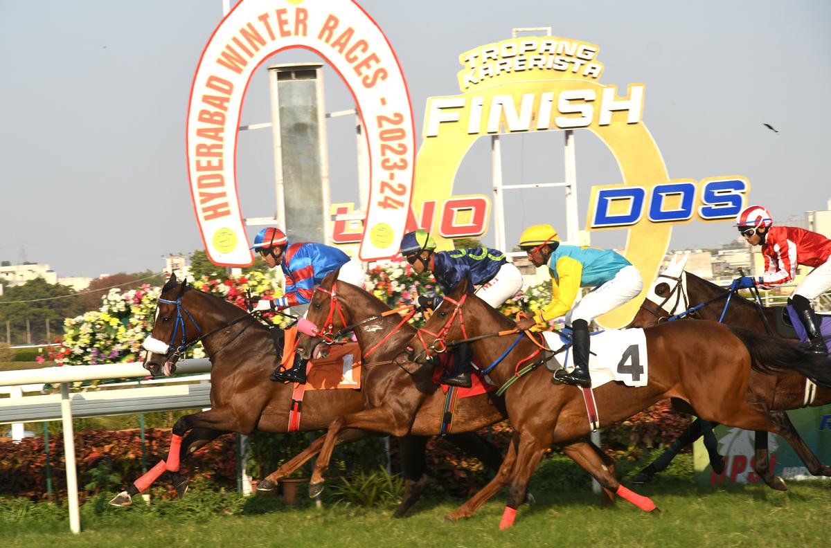 Jockey S. Saqlain rides Livermore past the finish line in the HRC The HPSL Golconda Oaks (Grade II), a classic race in Hyderabad on Saturday, January 6, 2024. 