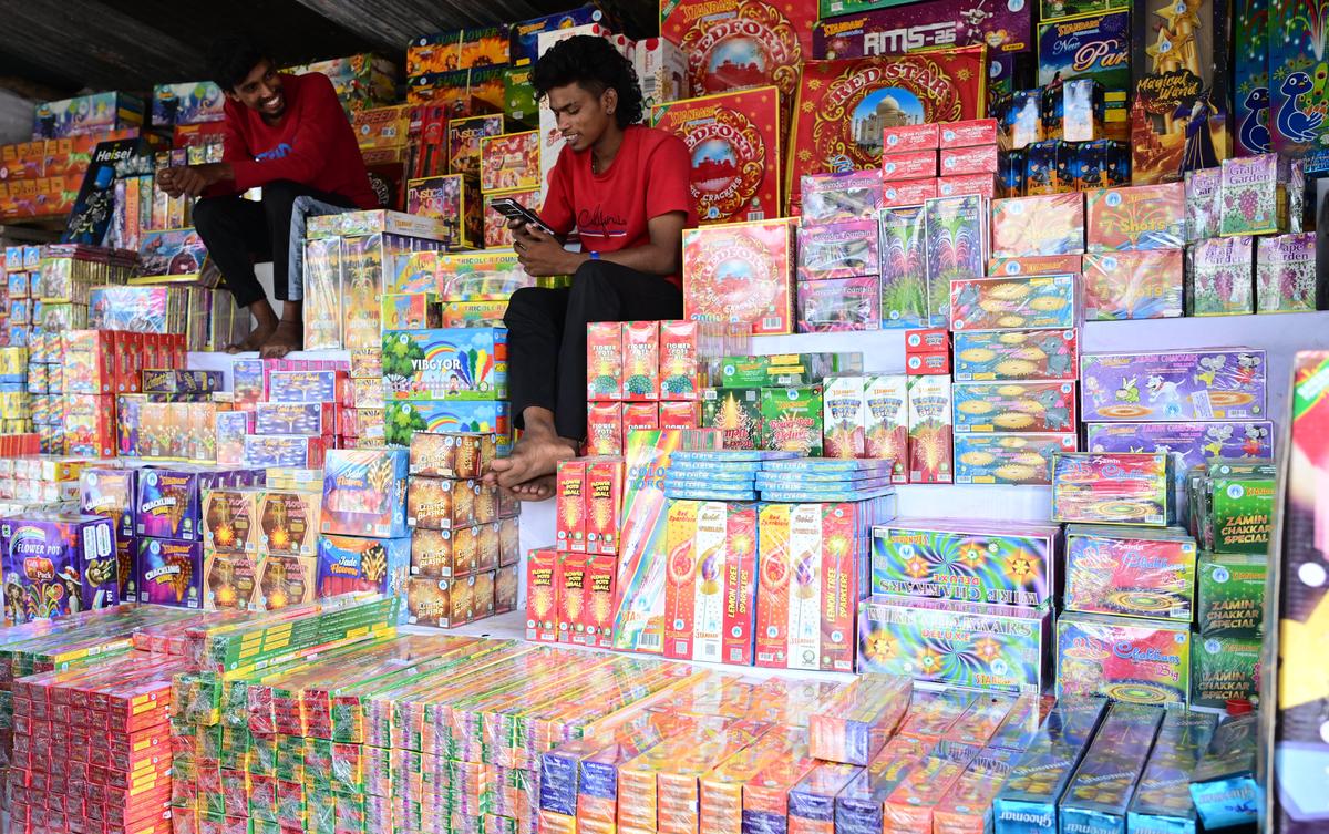 
Firecrackers on display at a wholesale shop at Vajra Grounds in Vijayawada on Saturday.