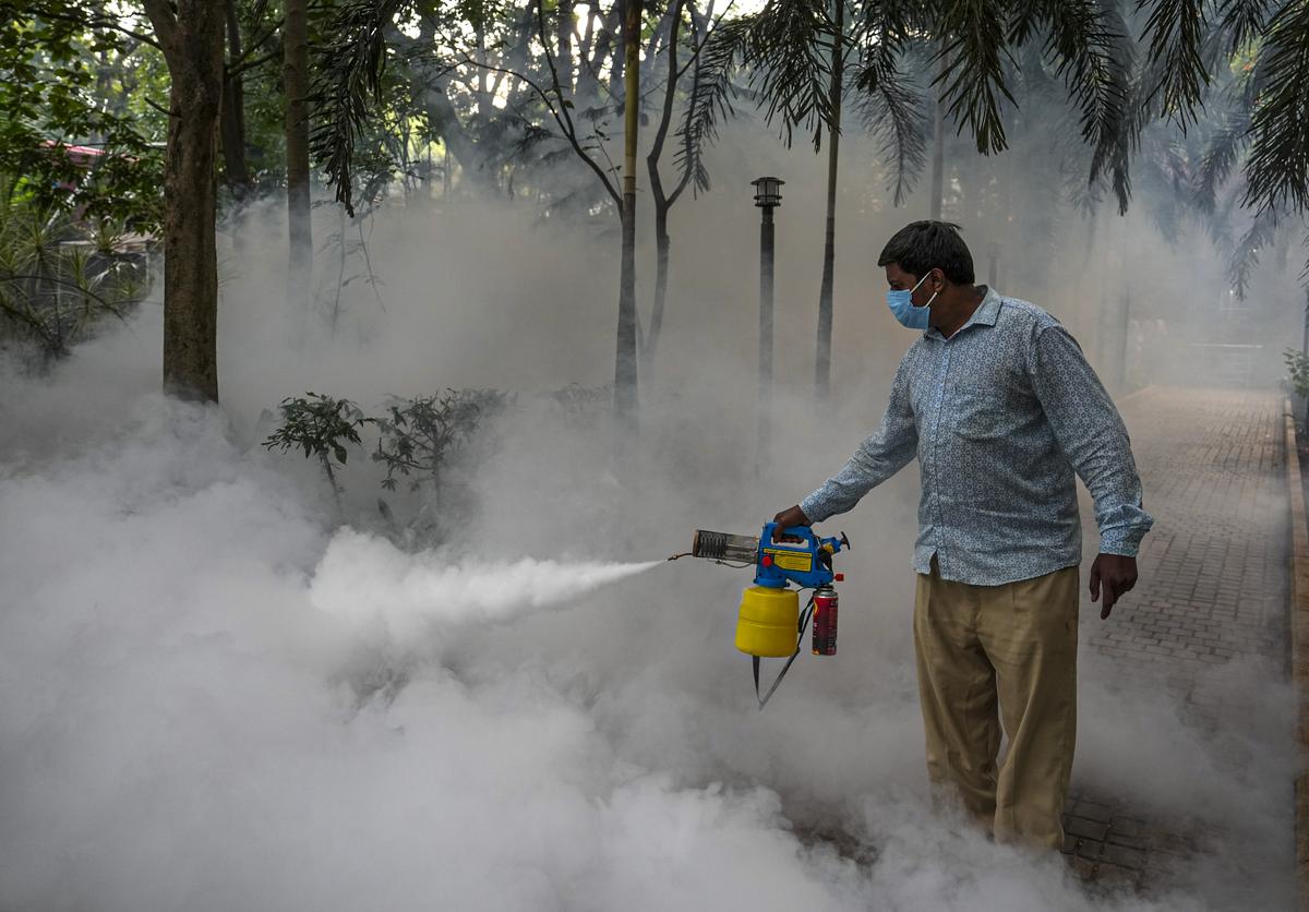 A municipal worker fumigates a park in a bid to kill mosquitos off amidst reports of highest dengue cases in the city, in Bengaluru.