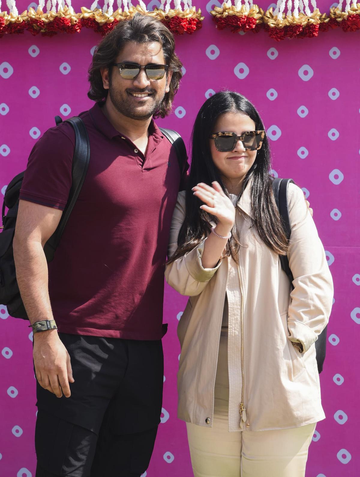 Cricketer MS Dhoni with wife Sakshi Dhoni ahead of Anant Ambani and Radhika Merchant’s wedding, in Jamnagar, Friday